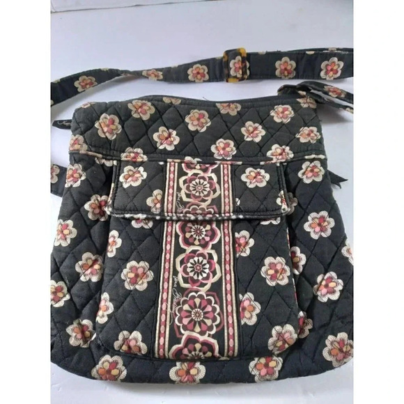 Vera Bradley Purse Black Floral 9.5 X 10" Adjustable Strap Tortoise Shell Buckle - Picture 1 of 6